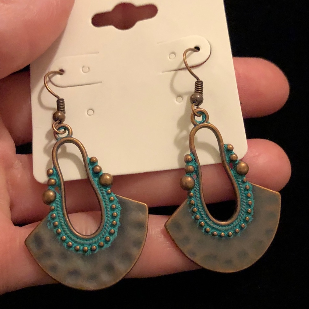 Bohemian Painted Teal and Bronze Tone Earrings